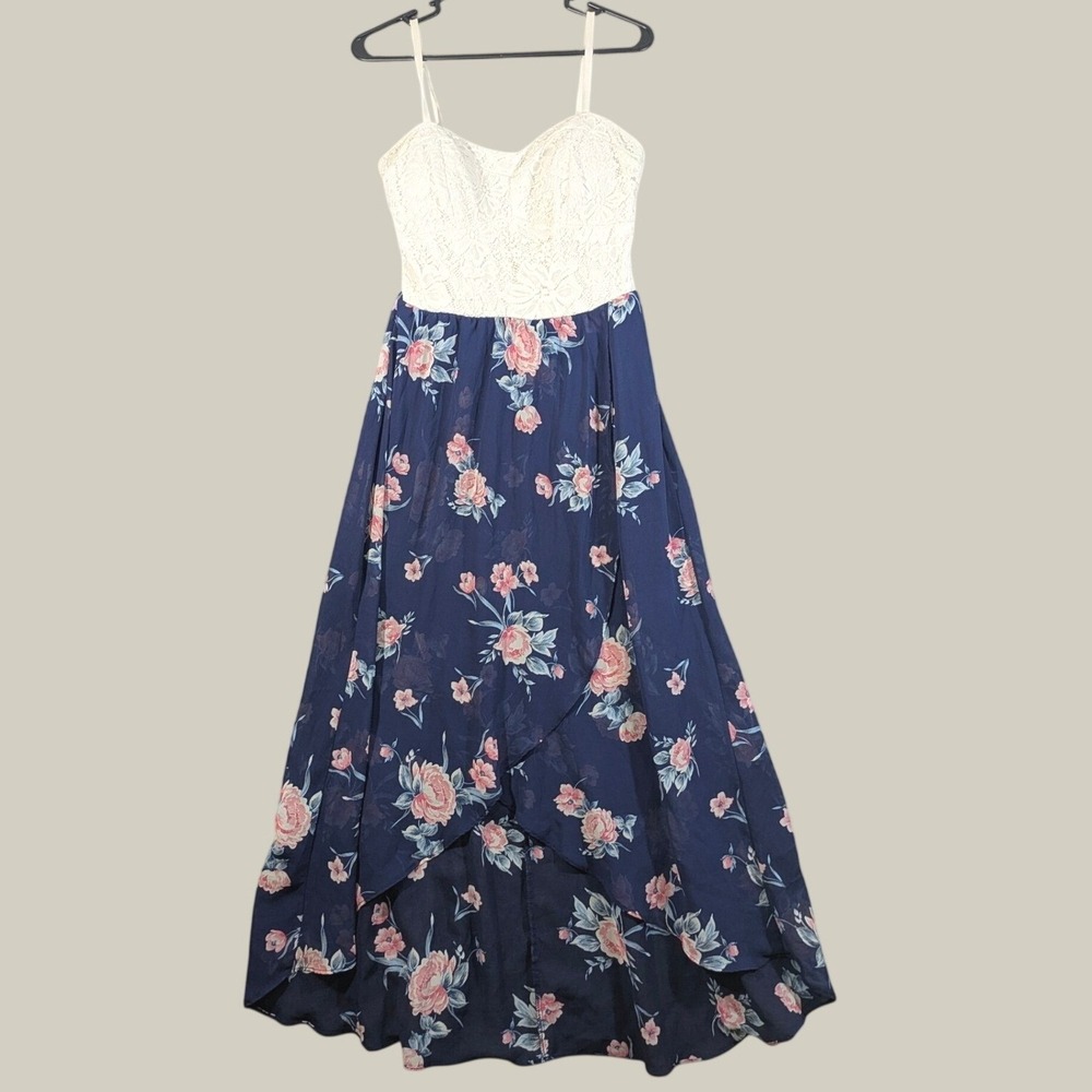 Lily Rose Navy Blue Floral Lace High Low Maxi Sheer Speghetti‎ Strap Dress Sz XL